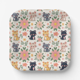 Assiettes En Carton Chats de jungle de dessin animé mignons et fleurs
