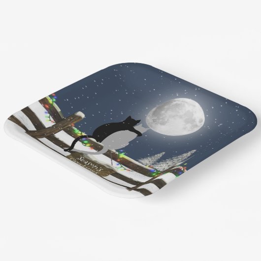 Assiettes En Carton Chats de Noël à la clôture avec lune (Angulaire)