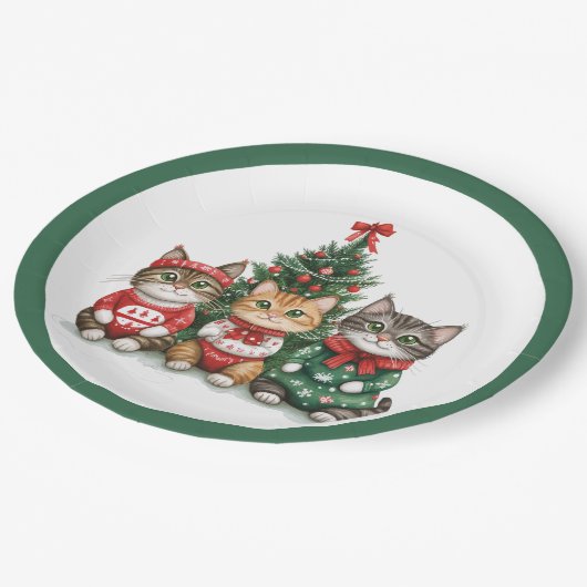 Assiettes En Carton Chats de Noël mignons (Angle)