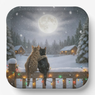 Assiettes En Carton Chats de Noël se blottissant sur une clôture ennei