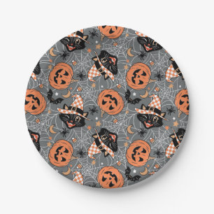 Assiettes En Carton Chats d'Halloween vintages et Motifs Citrouille