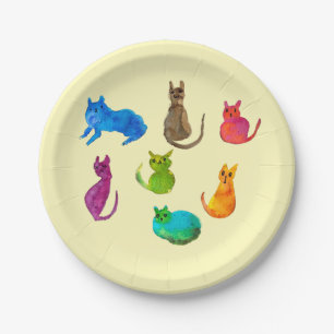 Assiettes En Carton Chats fous colorés en aquarelle