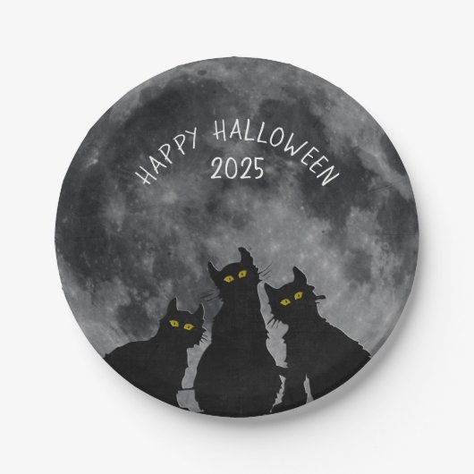 Assiettes En Carton Chats noirs d'Halloween en pleine lune (Devant)