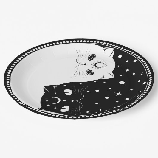 Assiettes En Carton Chats noirs et blancs en caricature, signe yin yan (Angle)