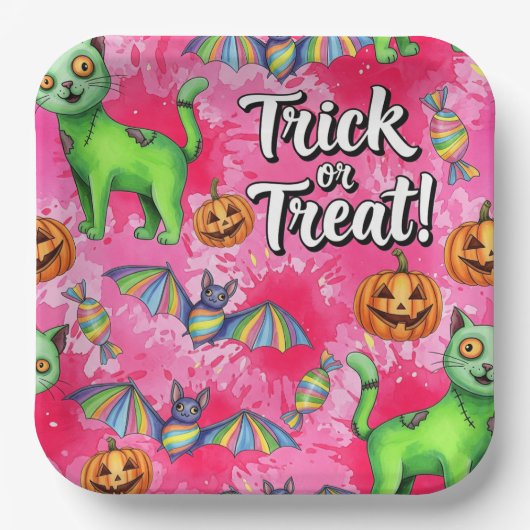 Assiettes En Carton Chats verts et chauves-souris volantes, par Natash (Recto)