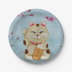 Assiettes En Carton Chatte de Maneki-neko à l'aquarelle sous la sakur