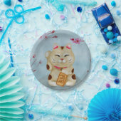 Assiettes En Carton Chatte de Maneki-neko à l'aquarelle sous la sakura (Fête)