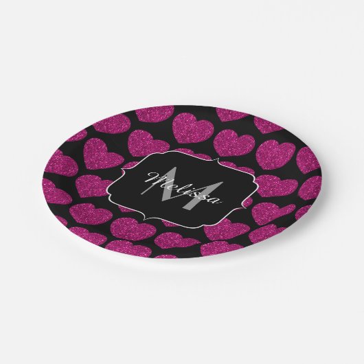 Assiettes En Carton Chaud coeur rose faux pétille motif Monogramme (Angle)