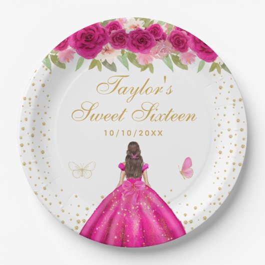 Assiettes En Carton Chaud rose Brunette Cheveux Princesse Sweet sixtee (Devant)