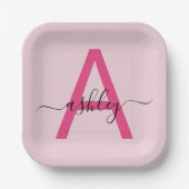 Assiettes En Carton Chaud rose moderne Script Girl Monogramme Nom (Recto)
