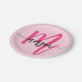 Assiettes En Carton Chaud rose moderne Script Girl Monogramme Nom (Angle)