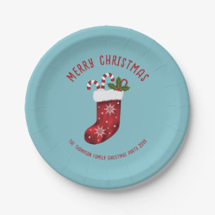 Assiettes En Carton Chaussette de Noël rouge sur fond bleu avec texte
