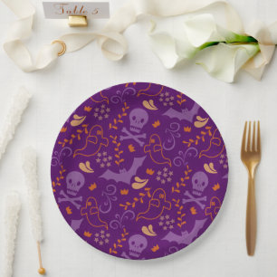 Assiettes En Carton Chauves-souris, crânes et fantômes d'Halloween