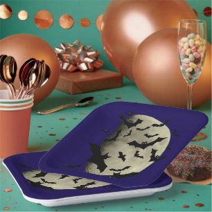 Assiettes En Carton Chauves-souris d'Halloween et Lune hantée