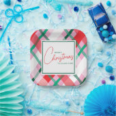 Assiettes En Carton Cheerful Red Green Pink Christmas Plaid (Fête)