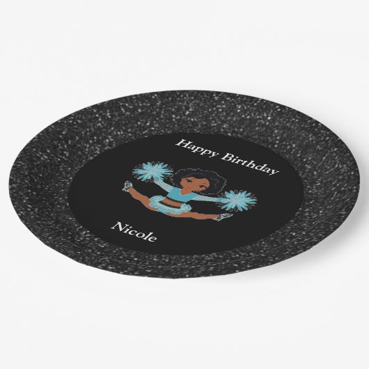 Assiettes En Carton Cheerleader "Joyeux Anniversaire" Black Sparkle (Angle)