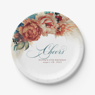 Assiettes En Carton Cheers Teal Blue Terracotta Fleurs d'Herbe de Pamp