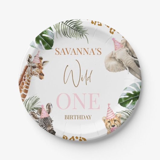 Assiettes En Carton Cheetah Pink Print Safari Wild One 1st Birthday (Devant)