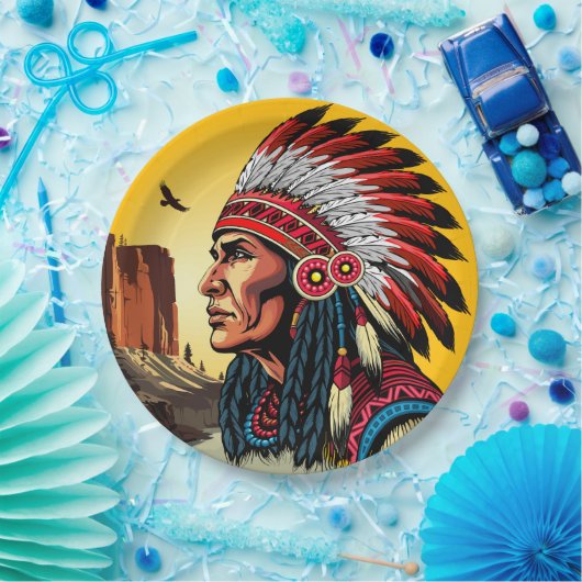 Assiettes En Carton Chef amérindien sur paysage sauvage coucher de sol (Fête)