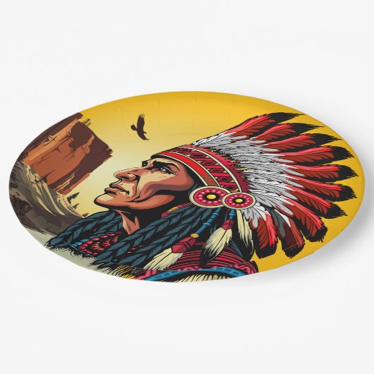Assiettes En Carton Chef amérindien sur paysage sauvage coucher de sol (Angle)