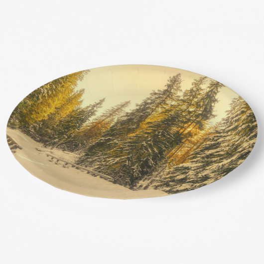 Assiettes En Carton Chemin d'hiver neigeux avec pins (Angle)