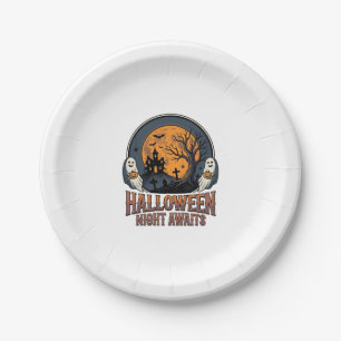 Assiettes En Carton Chemise fantôme lune gravée scène Halloween vintag