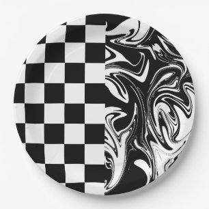 Assiettes En Carton Chèques et tourbillons - Noir et Blanc