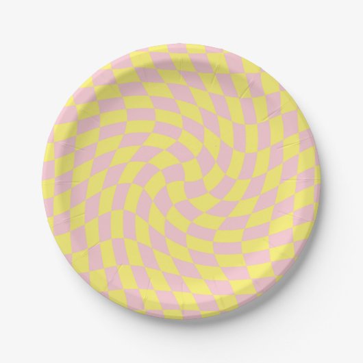 Assiettes En Carton Chèques Retro Pastel Jaune en damier dépoli (Devant)