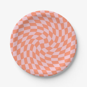 Assiettes En Carton Chèques Retro Pastel Peach Checks Warped Checkerbo