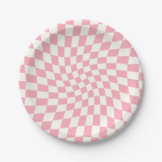 Assiettes En Carton Chèques Retro Pastel Pink Bébé en damier Warped (Devant)