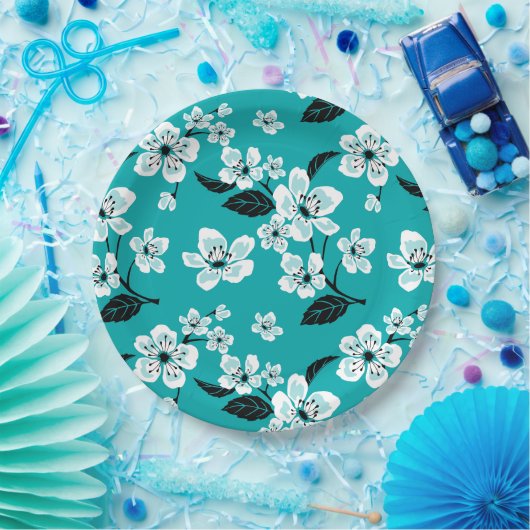 ASSIETTES EN CARTON CHERRY BLOSSOM - SAKURA (TEAL) (Fête)