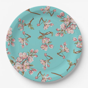 Assiettes En Carton Cherry Blossom Turquoise Baby shower Vintage rétro