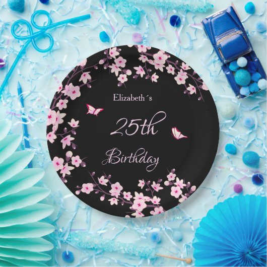 Assiettes En Carton Cherry Blossoms Pink Black Custom (Fête)