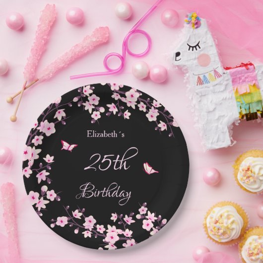 Assiettes En Carton Cherry Blossoms Pink Black Custom (Fête)