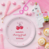 Assiettes En Carton Cherry First Birthday with Pink Preppy Bow (Fête)