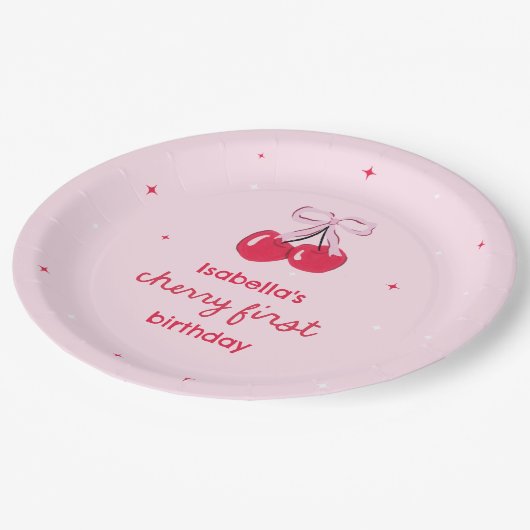 Assiettes En Carton Cherry First Birthday with Pink Preppy Bow (Angle)