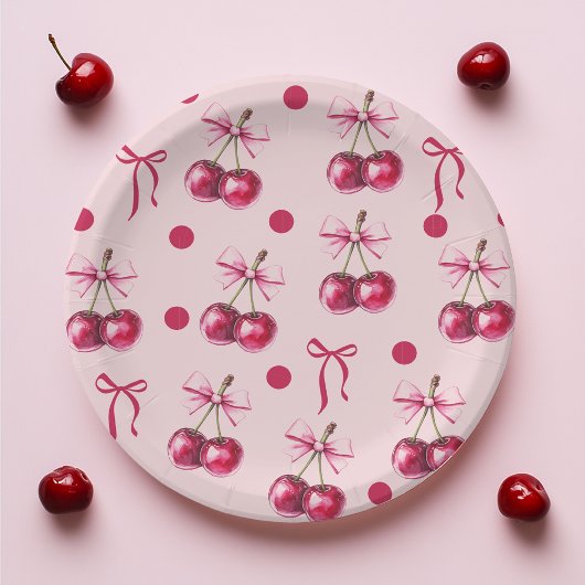 Assiettes En Carton Cherry Pastel Pink & Red Bow Anniversaire