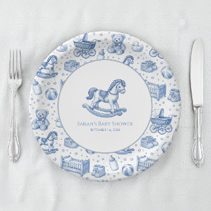 Assiettes En Carton Cheval à Bascule Bleu et Blanc Shower pour Bébé Ga