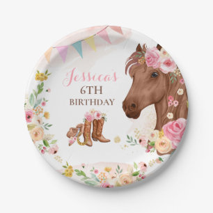 Assiettes En Carton Cheval Anniversaire Fête Cowgirl rose Floral Anniv
