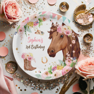 Assiettes En Carton Cheval Anniversaire Fille Cowgirl Rose Floral Part