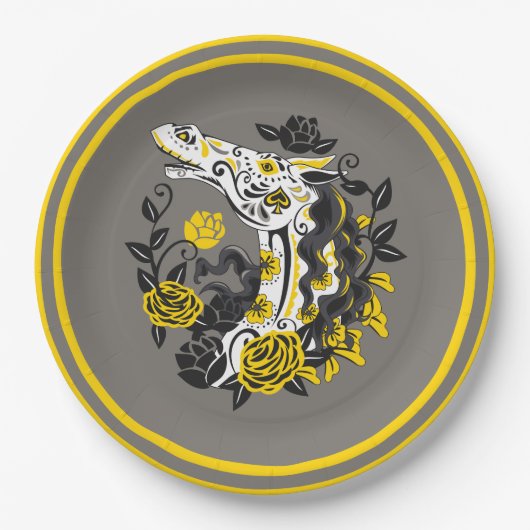 Assiettes En Carton Cheval Crâne avec Roses Jaunes Dia de los Muertos (Devant)