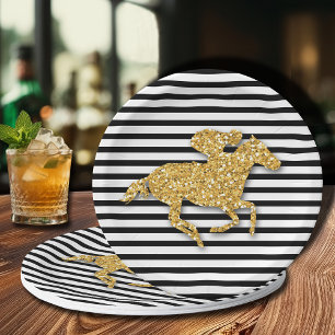 Assiettes En Carton Cheval de course d'or sur bandes noir et blanc