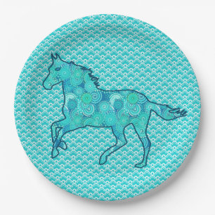Assiettes En Carton Cheval de course Silhouette, Turquoise et Aqua