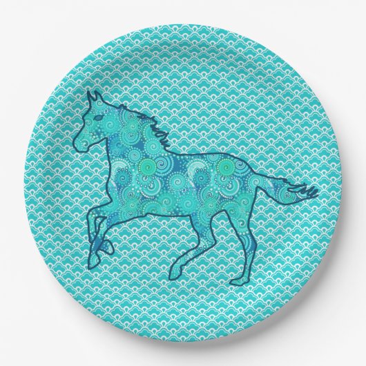 Assiettes En Carton Cheval de course Silhouette, Turquoise et Aqua (Devant)