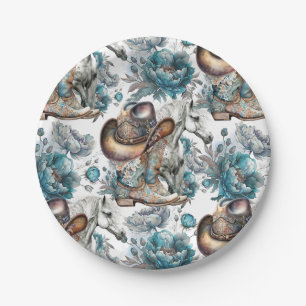 Assiettes En Carton Cheval fille cowgirl motif floral turquoise