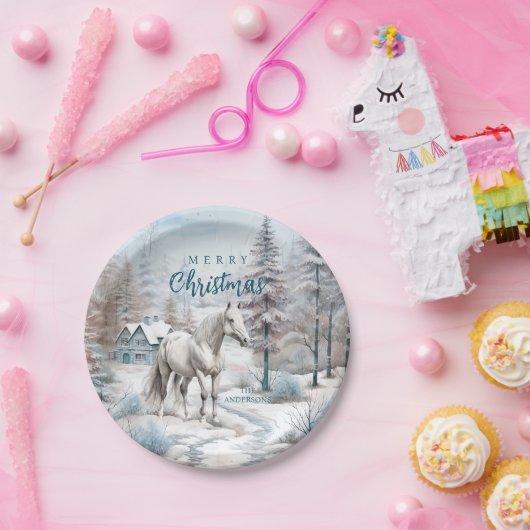 Assiettes En Carton Cheval hiver scène neige forêt Noël (Fête)