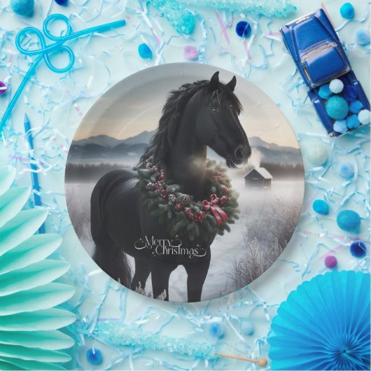 Assiettes En Carton Cheval noir dans la neige avec couronne de Noël (Fête)