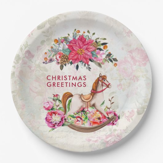 Assiettes En Carton Cheval rocheux victorien et Poinsettia Noël (Devant)