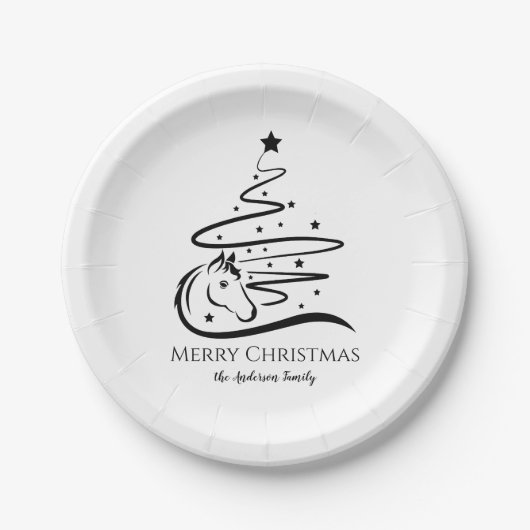 Assiettes En Carton Cheval sapin de Noël noir et blanc Equestre (Devant)