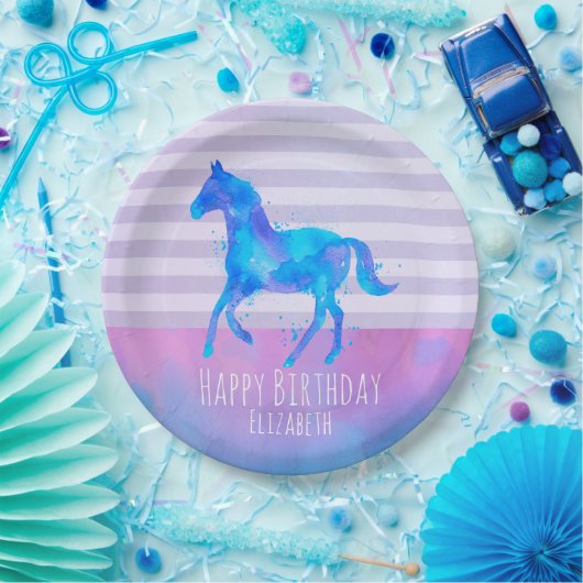 Assiettes En Carton Cheval sauvage en Aquarelle bleu et violet Anniver (Fête)